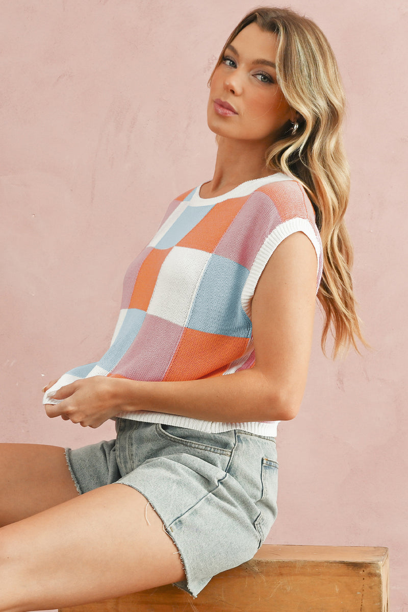 Fiery Red Checkered Color Block Cap Sleeve Knitted Top