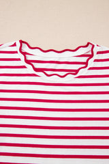 Green Stripe Scalloped Trim Round Neck T Shirt