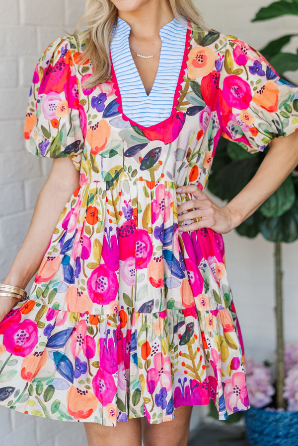 Rose Bright Floral Print Ricrac Trim Striped Patchwork V Neck Dress