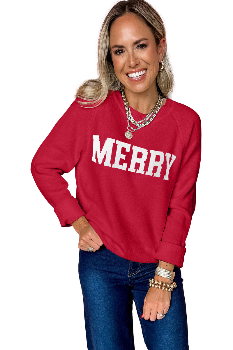 White MERRY Letter Pattern Christmas Raglan Sleeve Sweater