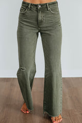 Green Slight Distressed Raw Edge Wide Leg Jeans