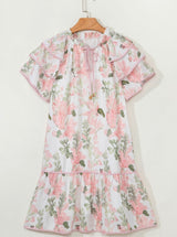 Pink Floral Contrast Edge Ruffle Sleeve Tie Neck Mini Dress