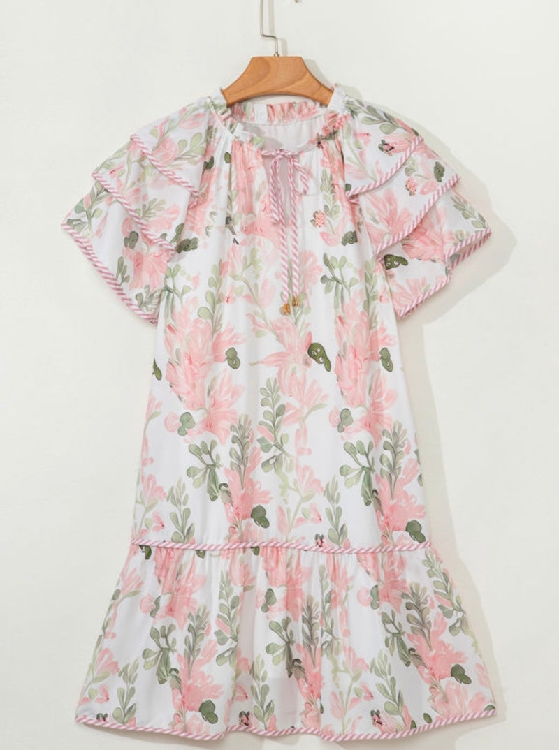 Pink Floral Contrast Edge Ruffle Sleeve Tie Neck Mini Dress