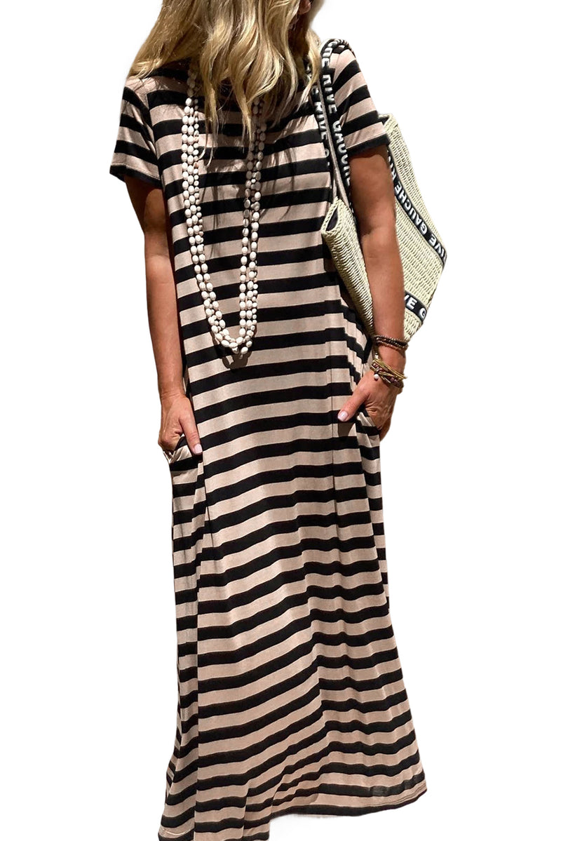 Black Striped Side Pockets T-shirt Maxi Dress