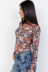 Green Floral Print Mesh Long Sleeve Top