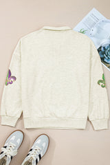 Light Grey Mardi Gras Elements Sequin Patched Striped Patchwork Zip Neck Pullover Sweatshirt