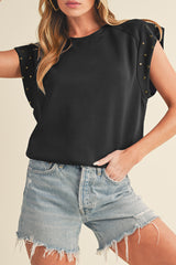 Black Casual Rivet Round Neck T Shirt
