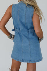 Myosotis Western Belt Detail Button Down Sleeveless Denim Short Dress