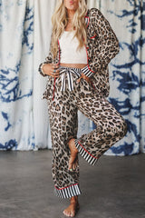 Khaki Leopard Print Colorblock Striped Patchwork Shirt and Pants Pajama Set