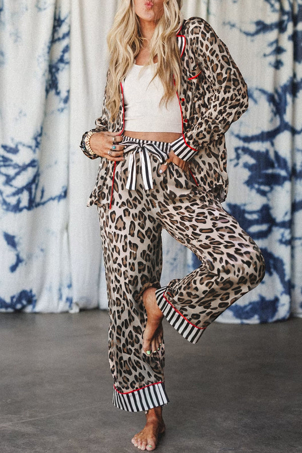 Khaki Leopard Print Colorblock Striped Patchwork Shirt and Pants Pajama Set