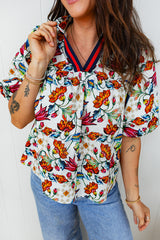 Multicolour Contrasted V Neckline Floral Puff Short Sleeve Blouse