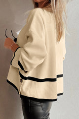 Simply Taupe Ribbed Knit Contrasted Stripe Detail Button Side Loose Sweater