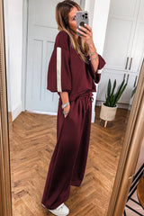 Burgundy Varsity Striped 3/4 Sleeve Pullover Drawstring Sweatpants Set
