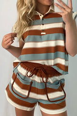 White Stripe Button Polo Collar Tee Drawstring Elastic Waist Patchwork 2pcs Short Set