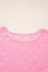 Pink Plus Size Bow Embroidered Mesh Long Sleeve Top