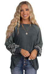 Tillandsia Purple Contrast Print Striped Raglan Long Sleeve Loose Top