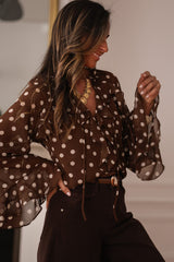 Coffee Polka Dot Print Ruffle Trim V Neck Long Bell Sleeve Blouse