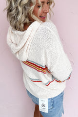 White Casual Striped Drop Sleeve Hooded Sweater