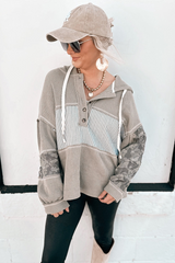 Gray Waffle Patchwork Drawstring Hooded Long Sleeve Top