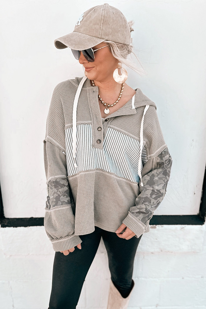 Gray Waffle Patchwork Drawstring Hooded Long Sleeve Top