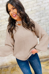 Parchment Mixed Texture Patchwork Knitted Lantern Sleeve Sweater