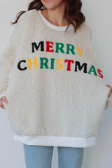White MERRY CHRISTMAS Cozy Sherpa Pullover Sweatshirt