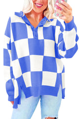 Sky Blue Checkered Button Collared Sweater