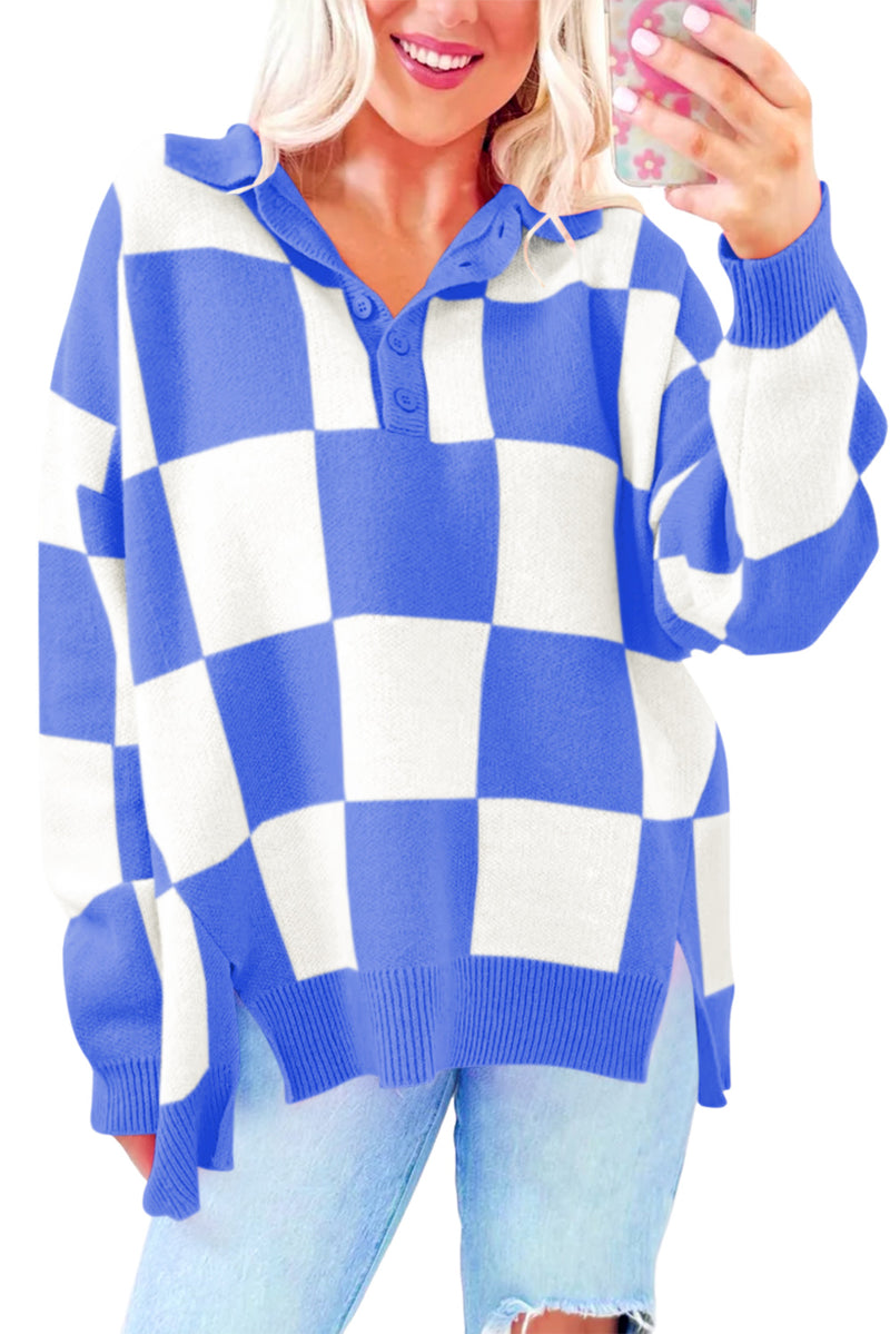 Sky Blue Checkered Button Collared Sweater