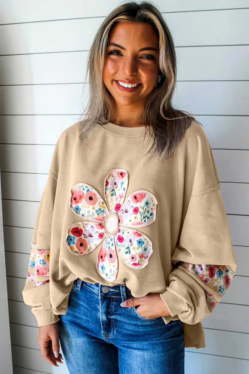 Pale Khaki Flower Applique Patchwork Drop Sleeve Pullover Sweatshirt