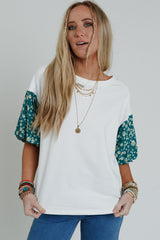White Daisy Floral Patchwork Drop Sleeve Oversized Top