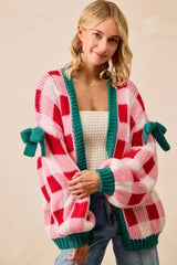 Pink Colorblock Checkered Open Front Knit Cardigan