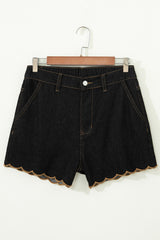 Navy Blue Embroidered Scalloped Trim Relaxed Denim Shorts