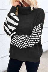 Smoke Gray Striped Plaid Patchwork Waffle Knit Turtleneck Sweater