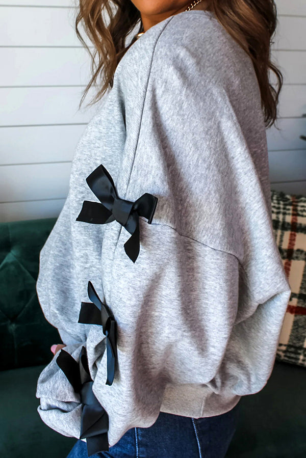 Light Grey Santa Claus Sequins Patch Ribbon Bow Detail Split Sleeve Baggy Sweatshirt