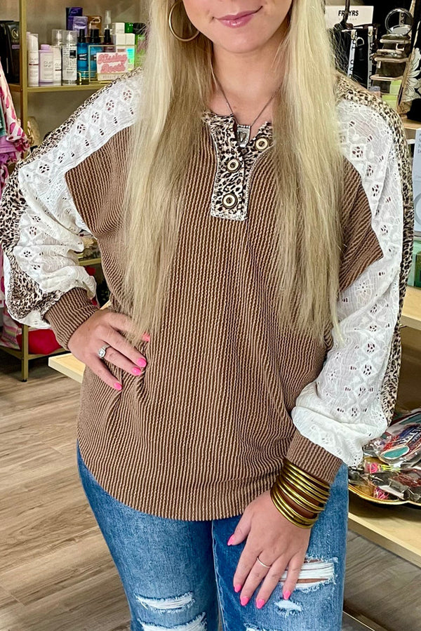 Dark Khaki Texture Patchwork Lace Sleeve Leopard Henley Top