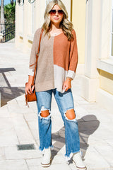Chestnut Color Block Knit V Neck Loose Sweater