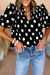 Apricot Polka Dot Print Smocked Notched Neck Balloon Sleeve Blouse