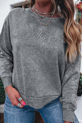 Sea Green  saved by grace Letter Embroidery Mineral Wash Loose Sweatshirt
