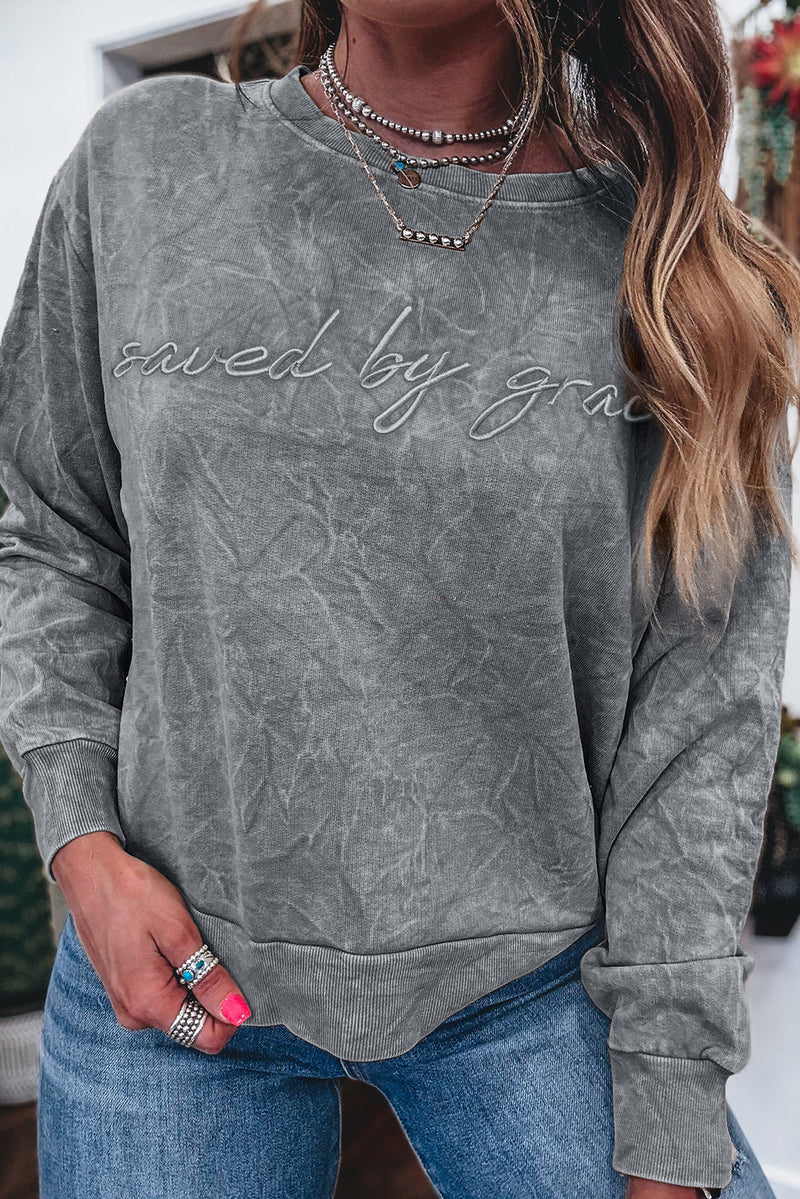 Sea Green  saved by grace Letter Embroidery Mineral Wash Loose Sweatshirt