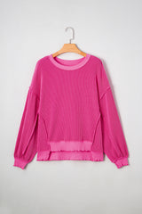 Strawberry Pink Twisted Ribbed Seamed Patchwork Long Sleeve Top