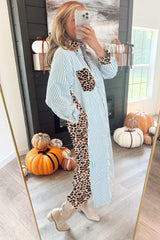 Sky Blue Stripe Contrast Leopard Patchwork Long Shirt Dress with Slits