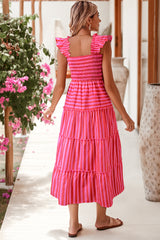 Rose Stripe Shirred Ruffle Straps Square Neck Tiered Midi Dress