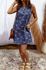 Sky Blue Bow Collared V Neck Sleeveless Denim Mini Dress with Pockets