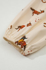 Apricot Rodeo Print Tied Front Puff Sleeve Peplum Top