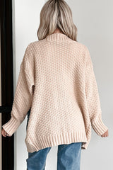 Smoke Gray Open Front Knitted Denim Pocket Patchwork Cardigan