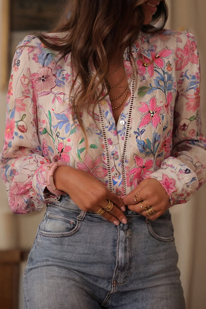 Pink Floral Print Lace Detail Button-up Long Sleeve Shirt