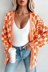 Orange Checkered Open Front Drop Shoulder Cardigan