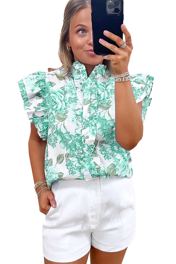 Green Floral Print Ruffle Sleeve Frill Shirt