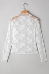 Apricot Pink Mock Neck Floral Lace Mesh Long Sleeve Top