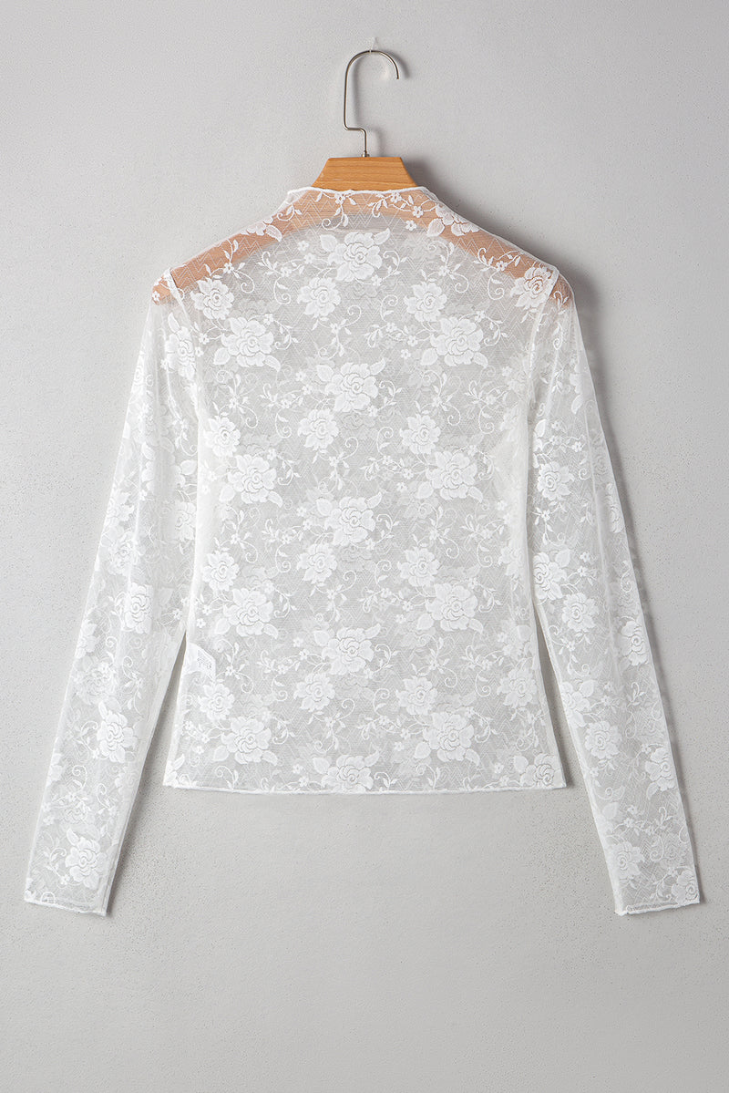 Apricot Pink Mock Neck Floral Lace Mesh Long Sleeve Top